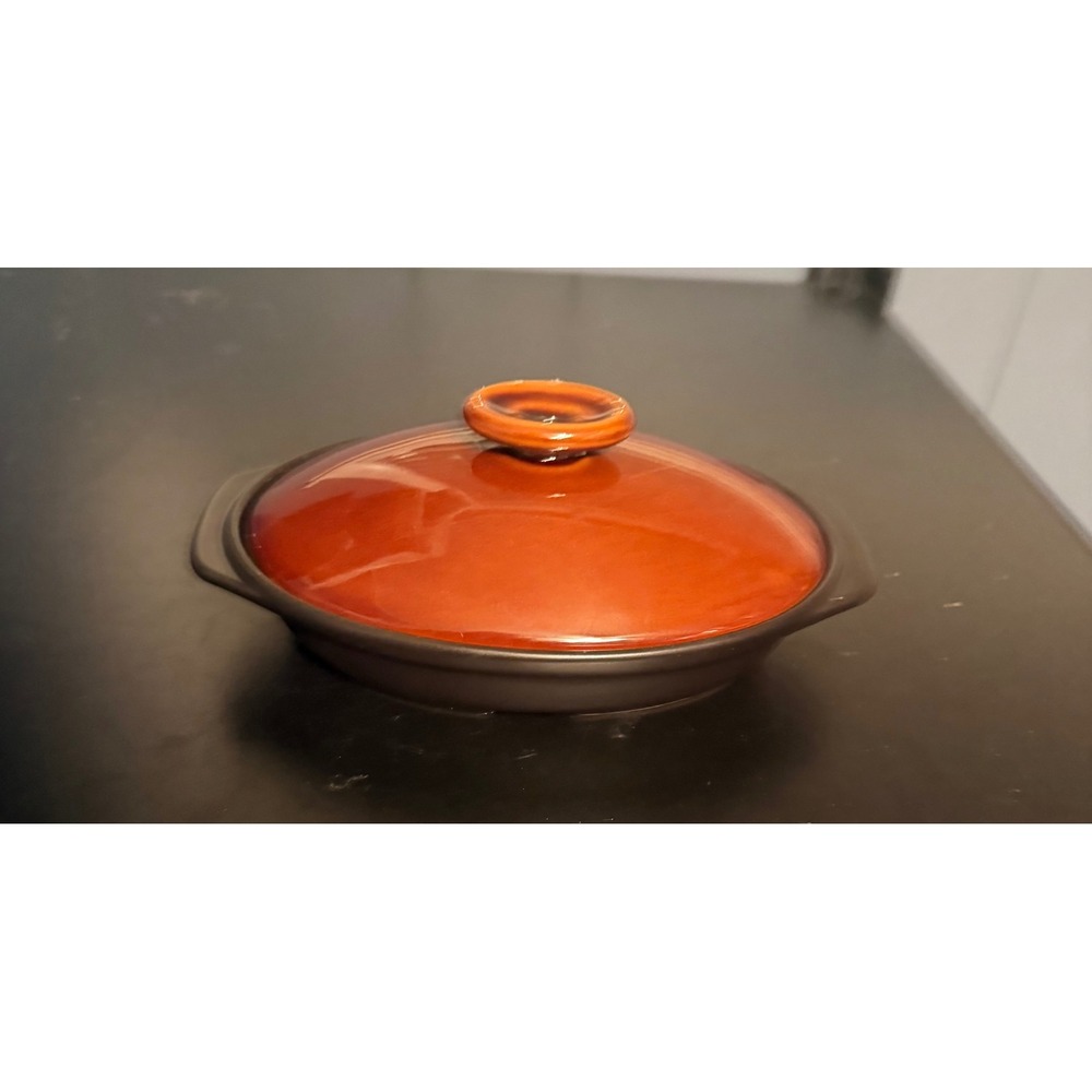 Vintage Ceramic Oval Casserole Dish with Lid Amber Brown and Matte Black 7.5in